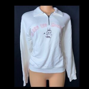 White Half-Zip Sweatshirt with Pink Graphic